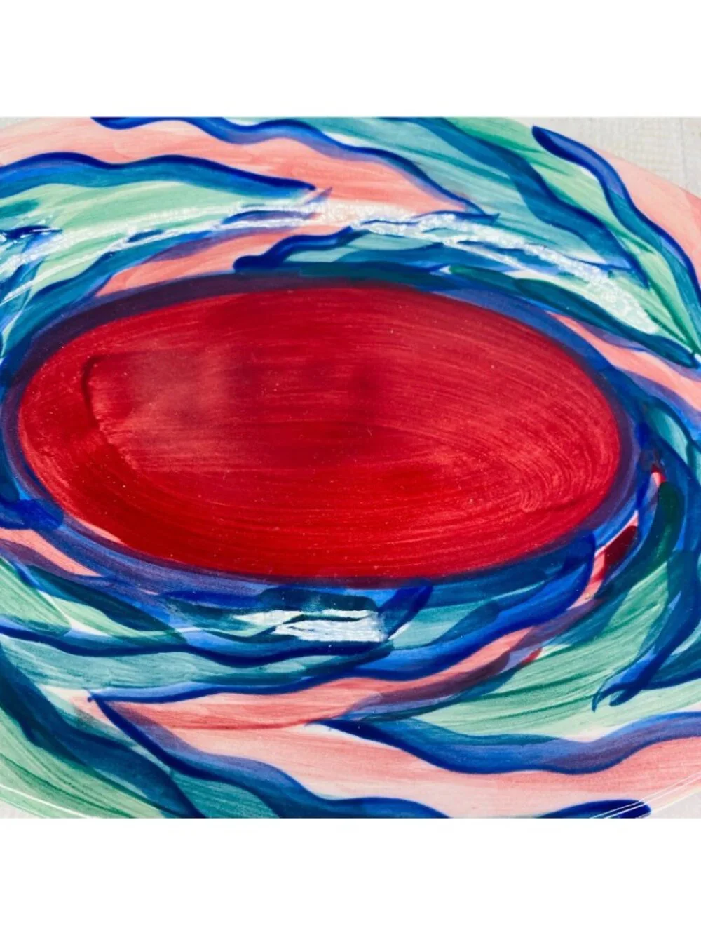 Gail Pittman FLAME Red Green Blue Wavy Line Band Ceramic 11.5
